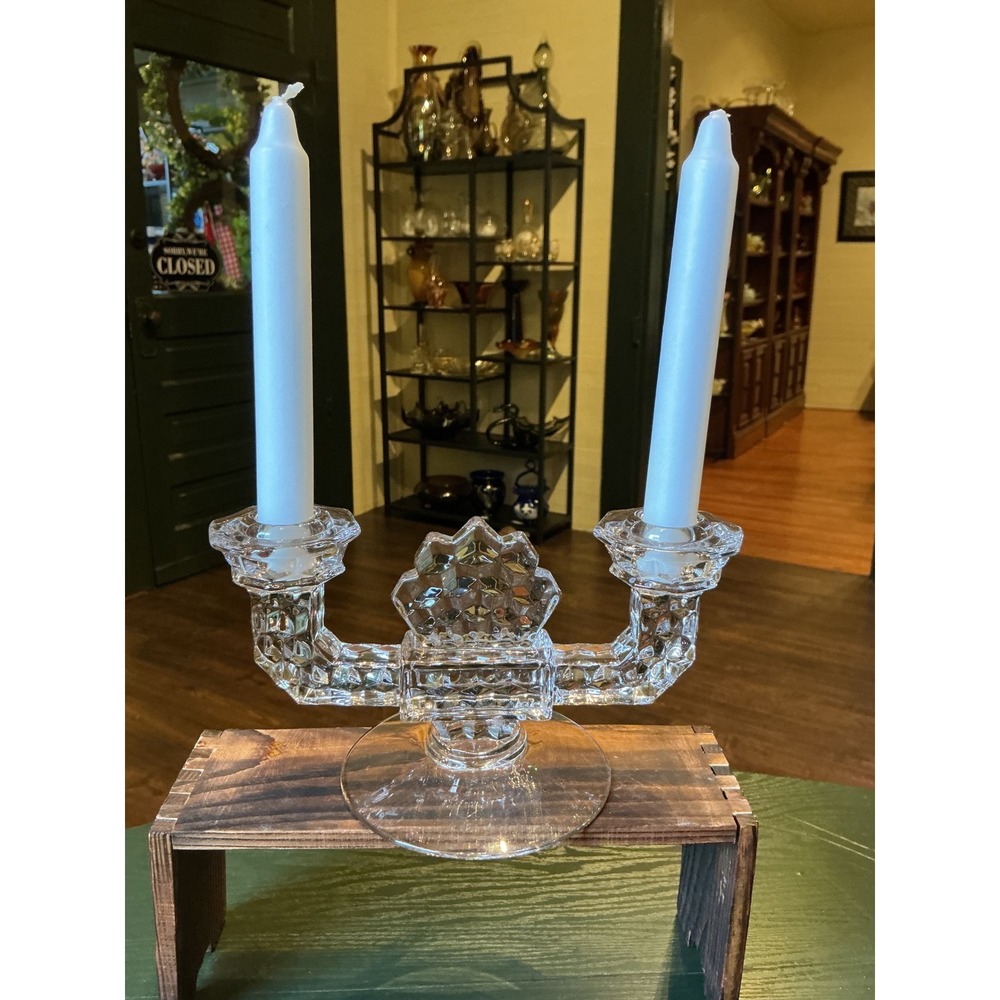 Vintage Fostoria American Clear Glass Double Candelabra MCM